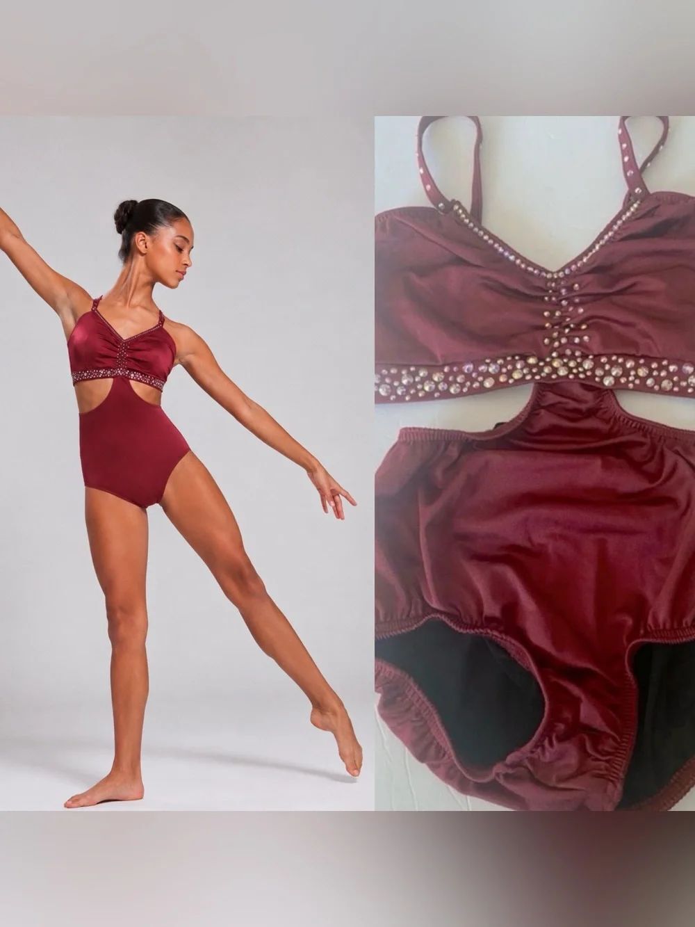 Kelle custom solo rhinestone 2 piece style leotard Dance Costume burgundy red MA